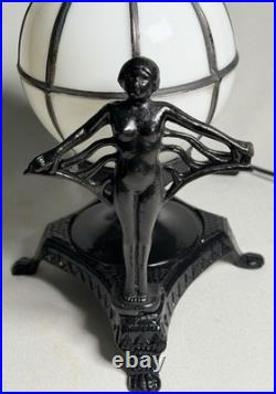 Vintage Art Deco Cast Iron Twin Flapper Figural Table Lamp Caged Globe