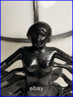 Vintage Art Deco Cast Iron Twin Flapper Figural Table Lamp Caged Globe