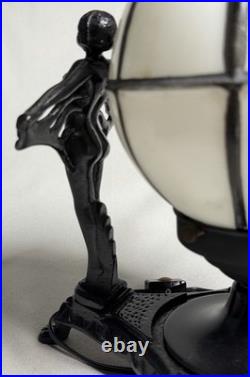 Vintage Art Deco Cast Iron Twin Flapper Figural Table Lamp Caged Globe