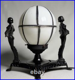 Vintage Art Deco Cast Iron Twin Flapper Figural Table Lamp Caged Globe Vintage Art Deco Cast Iron Twin Flapper Figural Table Lamp Caged Globe