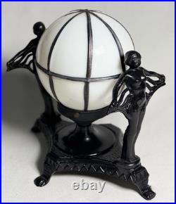 Vintage Art Deco Cast Iron Twin Flapper Figural Table Lamp Caged Globe Vintage Art Deco Cast Iron Twin Flapper Figural Table Lamp Caged Globe