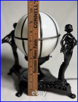 Vintage Art Deco Cast Iron Twin Flapper Figural Table Lamp Caged Globe