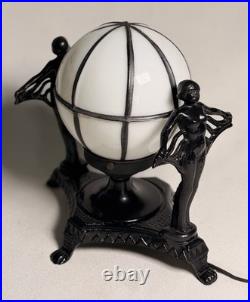 Vintage Art Deco Cast Iron Twin Flapper Figural Table Lamp Caged Globe