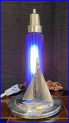 Vintage Art Deco Chrome Sailboat And Cobalt Blue Glass Accent Lamp Light