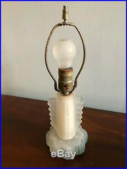 Vintage Art Deco Frosted Glass Boudoir Lamp & Shade, Green Highlights Excellent