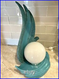 Vintage Art Deco Glazed Ceramic Wave Flame Table Lamp Retro 70s 80s Turquoise