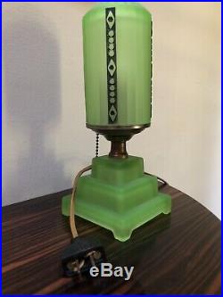 Vintage Art Deco Green Glass Table Lamp Night Light Working Condition