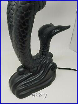 Vintage Art Deco Mermaid Lamp Black 24 Inches Tall Holding White Glass Orb