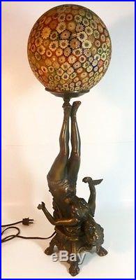 Vintage Art Deco Millefiori Glass Lamp with Burlesque Dancer cast metal base