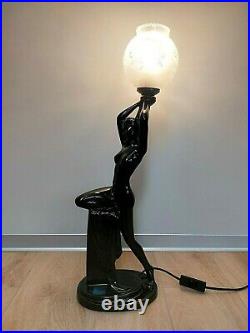 Vintage Art Deco Nouveau Nude Lady Ceramic Black Holding Globe Table Lamp