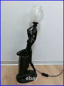 Vintage Art Deco Nouveau Nude Lady Ceramic Black Holding Globe Table Lamp