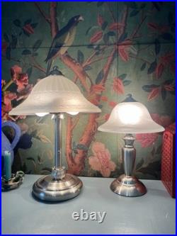 Vintage Art Deco Style Coordinating Table Lamps Brushed Nickel Frosted Glass