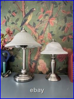 Vintage Art Deco Style Coordinating Table Lamps Brushed Nickel Frosted Glass