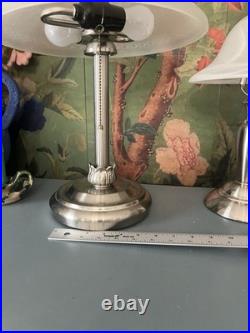 Vintage Art Deco Style Coordinating Table Lamps Brushed Nickel Frosted Glass Vintage Art Deco Style Coordinating Table Lamps Brushed Nickel Frosted Glass