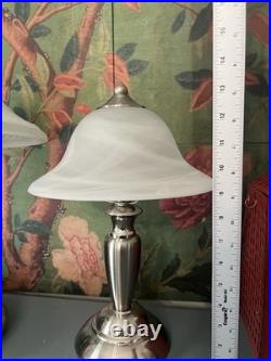 Vintage Art Deco Style Coordinating Table Lamps Brushed Nickel Frosted Glass Vintage Art Deco Style Coordinating Table Lamps Brushed Nickel Frosted Glass