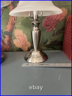 Vintage Art Deco Style Coordinating Table Lamps Brushed Nickel Frosted Glass