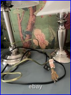 Vintage Art Deco Style Coordinating Table Lamps Brushed Nickel Frosted Glass