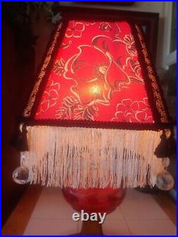 Vintage Art Deco Style Etched Table Lamp Hand Made Tasseled Shade & Crystals