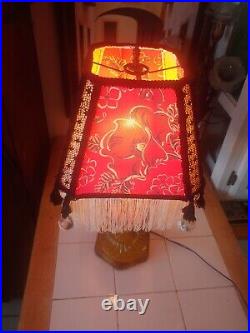 Vintage Art Deco Style Etched Table Lamp Hand Made Tasseled Shade & Crystals