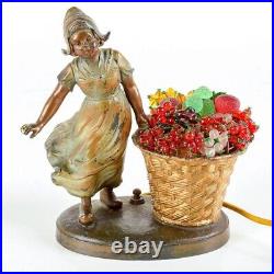 Vintage Art Nouveau-German Metal Table Lamp-Dutch Girl-Basket Flowers Beads