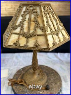 Vintage Art Nouveau Style Alabaster Panel Table Lamp Ornate Cast Metal 27