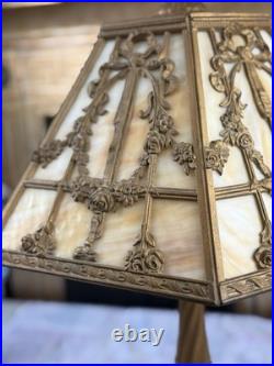 Vintage Art Nouveau Style Alabaster Panel Table Lamp Ornate Cast Metal 27
