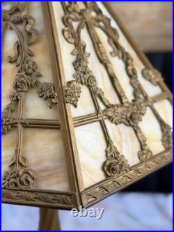 Vintage Art Nouveau Style Alabaster Panel Table Lamp Ornate Cast Metal 27