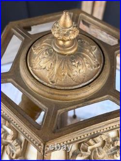 Vintage Art Nouveau Style Alabaster Panel Table Lamp Ornate Cast Metal 27