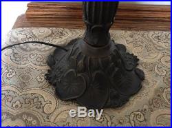 Vintage Art Ornate Bronzed Metal 6 Panel Slag Caramel Glass Shade Table Lamp