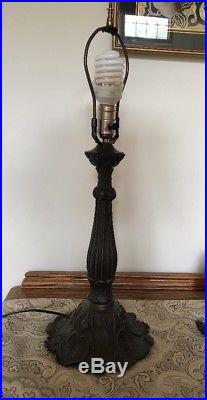 Vintage Art Ornate Bronzed Metal 6 Panel Slag Caramel Glass Shade Table Lamp