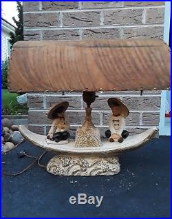 Vintage Asian Boat Lamp Couple Paper Shade MID Century Modern Chalkware