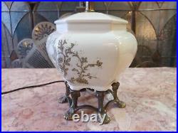 Vintage Asian Ceramic Ginger Jar Lamp Brass Footed Dot Art Mid Century working