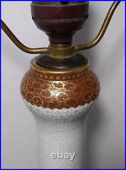 Vintage Asian Chinoiserie Painted Porcelain Vase Table Lamp Carved Wood Antique