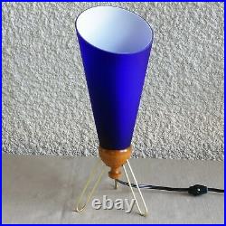 Vintage Atomic Age Tripod Modern Cobalt Blue Glass Table Lamp