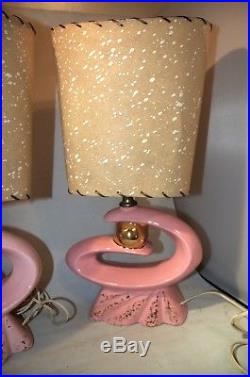 Vintage Atomic Pink Gold Electric Table Lamps Swirl Abstract Fiberglass 1950s