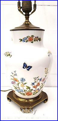 Vintage Aynsley Butterflies and Flowers White Porcelain Brass Table Lamp