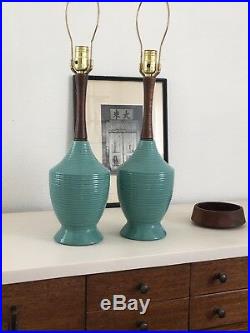 Vintage BLUE CERAMIC TABLE LAMP PAIR Mid Cen Modern 60s Turquoise Teal and Wood
