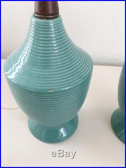 Vintage BLUE CERAMIC TABLE LAMP PAIR Mid Cen Modern 60s Turquoise Teal and Wood