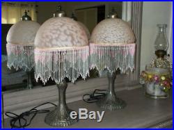 Vintage BOUDOIR TABLE LAMPS pair with art glass beaded shades pink 21.5 tall