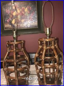 Vintage Bamboo Rattan Mid Century Table Lamps, Pair