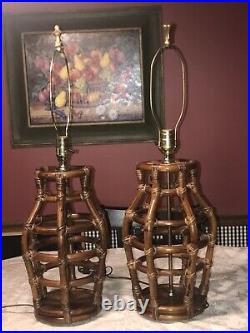 Vintage Bamboo Rattan Mid Century Table Lamps, Pair