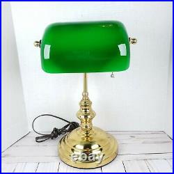 Vintage Bankers Lamp Green Glass Shade Brass Big Base Mid Century Modern 15