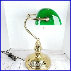 Vintage Bankers Lamp Green Glass Shade Brass Big Base Mid Century Modern 15