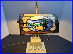 Vintage Bankers Table Lamp White Marble & Brass Stained Glass Duck