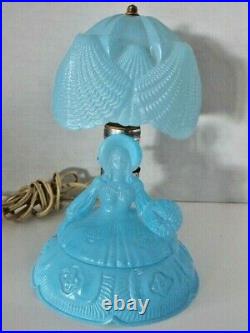 Vintage Beautiful Blue Satin Frosted Glass Figural Boudoir Lamp Trinket Box EUC