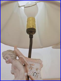 Vintage Bisque Porcelain Cherub Table Lamps Pair Ornate Metal Bases with Shades Vintage Bisque Porcelain Cherub Table Lamps Pair Ornate Metal Bases with Shades