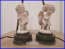 Vintage Bisque Porcelain Cherub Table Lamps Pair Ornate Metal Bases with Shades