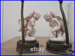 Vintage Bisque Porcelain Cherub Table Lamps Pair Ornate Metal Bases with Shades
