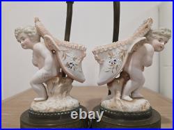 Vintage Bisque Porcelain Cherub Table Lamps Pair Ornate Metal Bases with Shades
