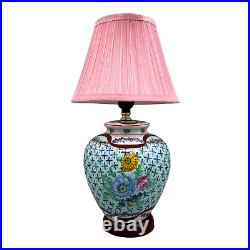 Vintage Blue Chinoiserie Floral Porcelain Table Lamp With Pink Clip-On Shade